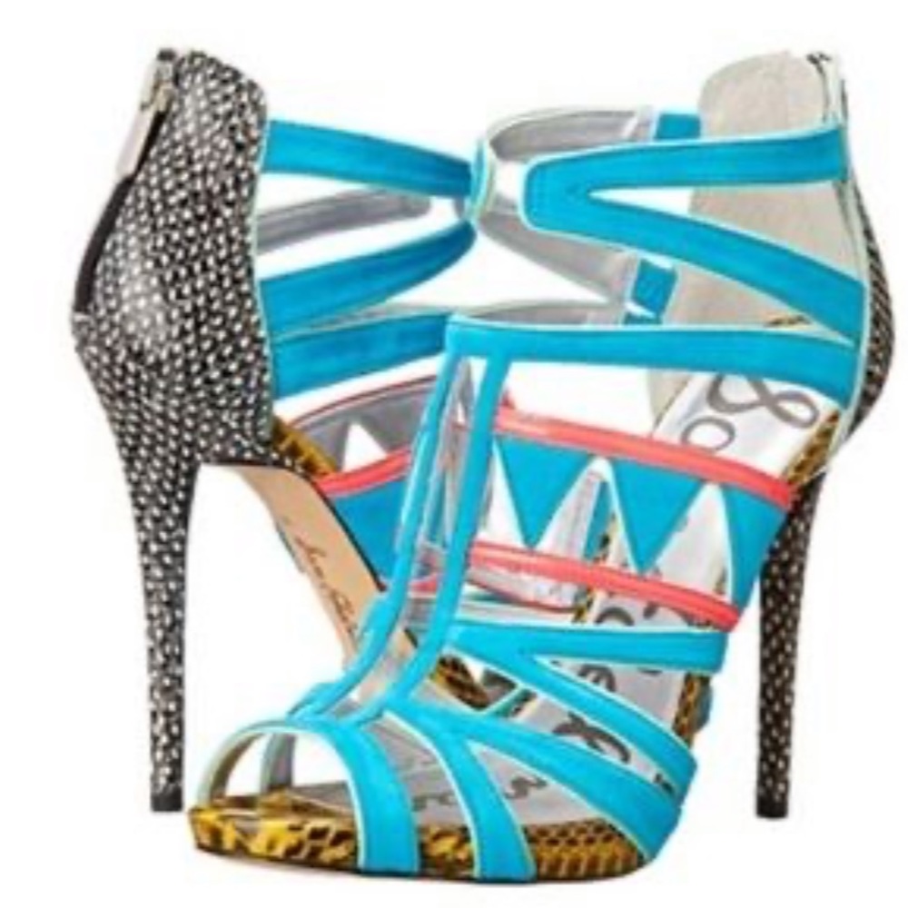 SAM EDELMAN blue pink snake platform sandal heels